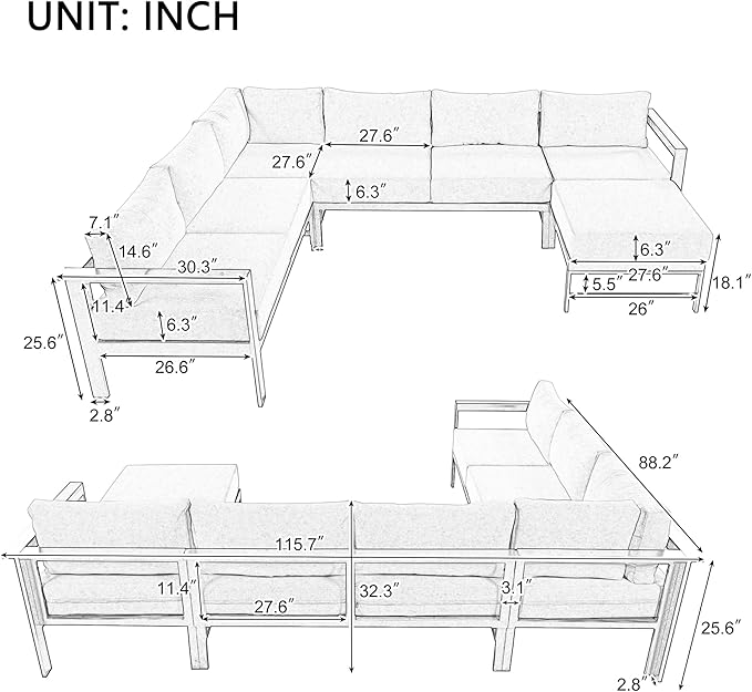 LUMISOL Patio Furniture Set, U-Shaped Outdoor Sofa Set for 6 Persons, All Weather Patio Conversation Set with Water Resistant Cushions for Garden, Backyards, Poolside, White