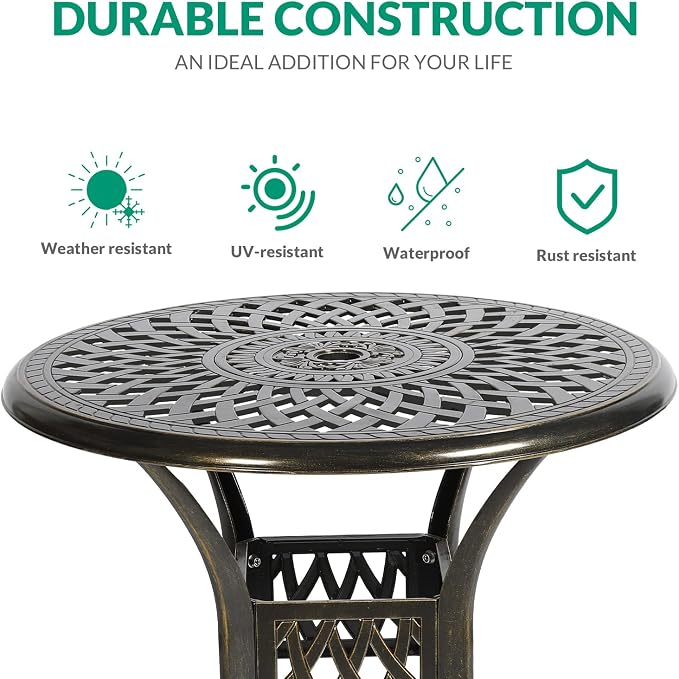 VIVIJASON 31" Patio Bistro Table Outdoor Dining Round Table Bronze Cast Aluminum Table with Umbrella Hole