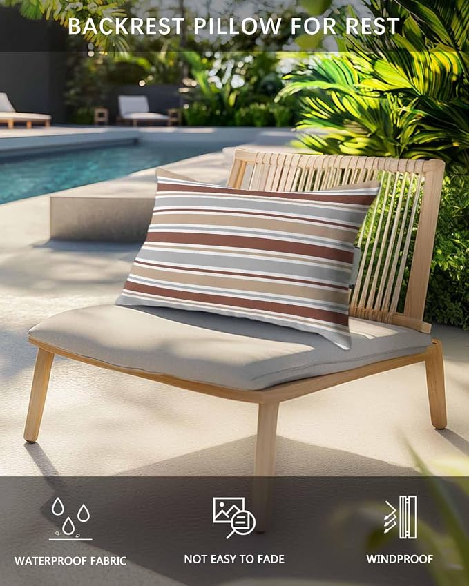 Pack of 4 Outdoor Lumbar Pillow Covers 12x20 Inch, Beige Khaki Striped Waterproof Throw Pillow Covers Set, Farmhouse Stripes Modern Abstract Art Outside Decorative Cushion Cases for Patio Porch Car