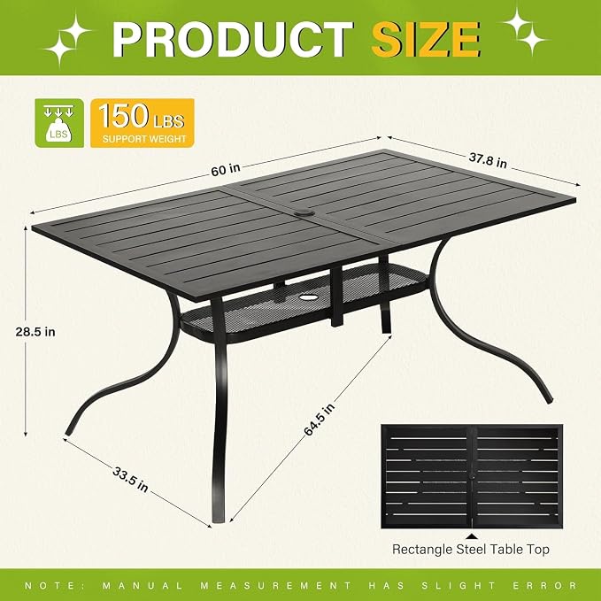 Oakcloud 7-Piece Metal Outdoor Furniture Patio Dining Set, 6 Metal Swivel Chairs and Rectangle Dining Table with Umbrella Hole, Black