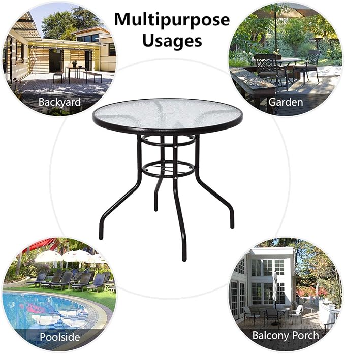 Tangkula 32-Inch Round Patio Dining Table with Tempered Glass Top, Metal Frame Outdoor Bistro Table with Umbrella Hole, Outside Table for Garden Poolside Balcony Yard
