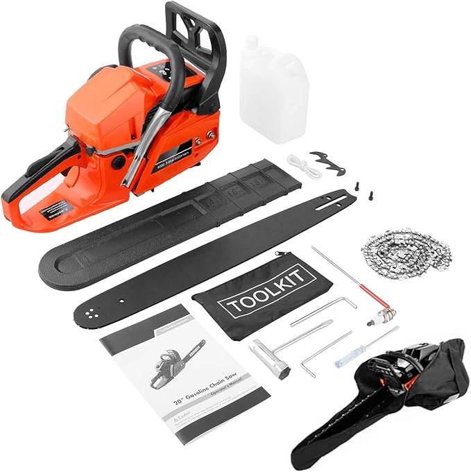 62CC Gas Powered Chainsaw with 20 Inch Bars, 3.5 HP 2-Stroke Engine for Wood Cutting, Tree Trimming and Farm Use, Gas Chainsaws with Non-Slip Handle, Carrying Bag & Tool Kit