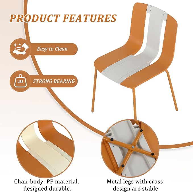 LUMISOL 5 Piece Outdoor Dining Table Set, All Weather Round Table and Chairs Set with Striped Color Block Chairs and Sturdy Metal Legs for Garden, Backyard, Poolside, Beige+Orange+White