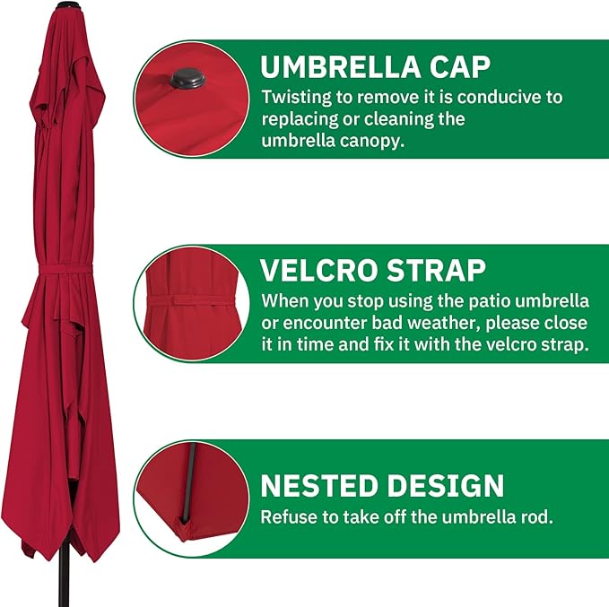 MEWAY 6.6 * 10ft Rectangular Patio Umbrella Market Outdoor Garden Table Deck Backyard Pool Sunshade Umbrella with Tilt, Crank and UV Protection(6.6 * 10 ft, Red)