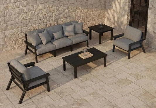 7 Piece Patio Conversation Sets, Outdoor Couch with Washable Thick Gray Cushions, HDPE Patio Furniture Set, Outdoor Sectional Furniture for Backyard, Deck, Lawn, Porch (Black Frame)