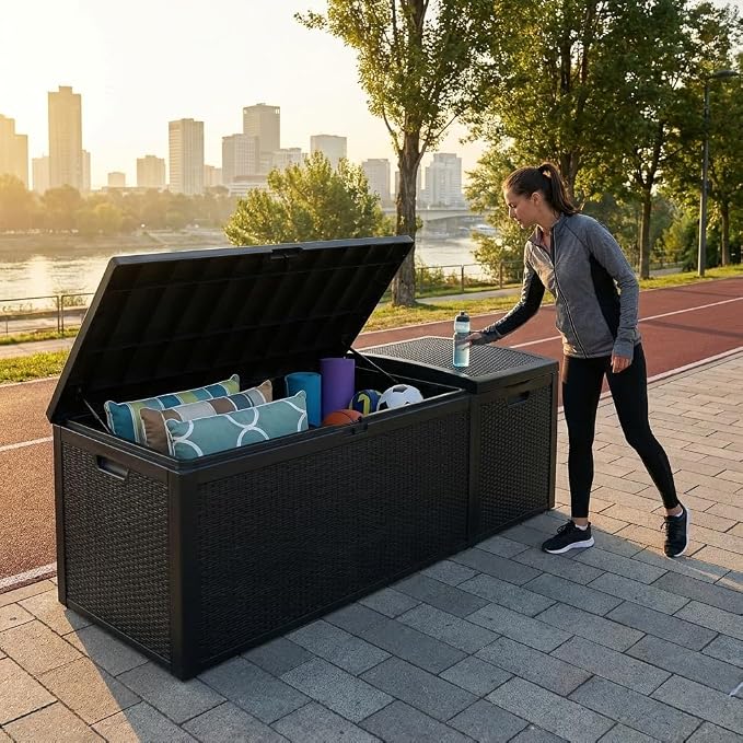 230 Gallon Large Outdoor Storage XXL Deck Box, Waterproof Resin Deck Box for Patio Furniture and Garden Tools, Lockable outdoor storage box Lid with Secure Closure, Durable Weather