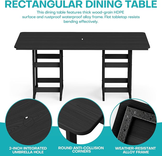 7-Piece Dining Set, HDPE Table & 6 Chairs, Black | HDPE Dining Set,67" Table+6 Chairs, 380 lbs, 304 Stainless, All-Weather,No Rust No Crack,Outdoor Patio Garden