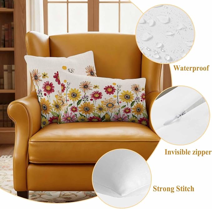Yellow Red Spring Floral Outdoor Waterproof Throw Pillow Covers 20x12 Set of 2, Pastoral Summer Flower Rustic Decorative Pillowcases Cushion Pillowcase for Couch Sofa Patio Outside Pillow Protector