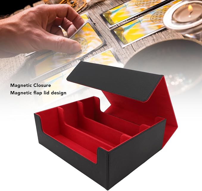 Card Deck Box Large Capacity Soft PU Leather Magnetic Closure Tarot Card Storage (Black with Red Lining)