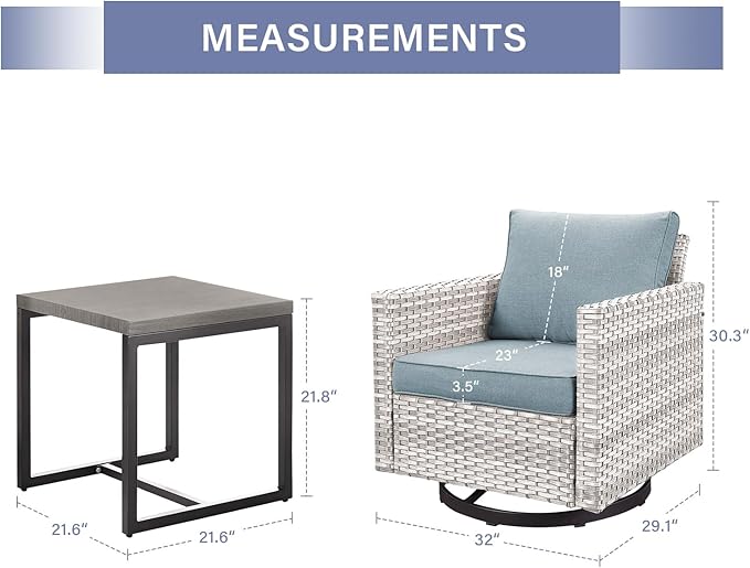 Outdoor Patio Swivel Rocker Chairs - 3 Piece Wicker Patio Furniture Bistro Swivel Rocking Chairs Set with Comfortable Cushions,Sturdy Metal Frame and Side Table for Porch Deck(Light Grey/Sky Blue)