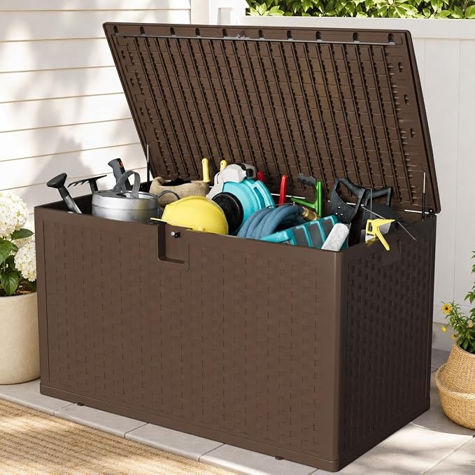 Patikuin 120 Gallon Outdoor Deck Storage Box with Hydraulic Gas Struts, Waterproof Resin Patio Container with Lockable Lid, Soft-Close, Handles & 600 Lbs Capacity Bench, Brown
