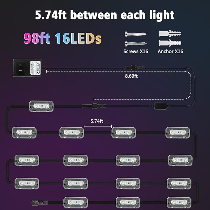 ZAIYW Outdoor Fence Lights 100ft 16 Pack, Smart RGB Build in Chip Color Changing Deck Lights with Timer Remote APP, Plug in LED String Lights Waterproof for Backyard Garden Patio Decor