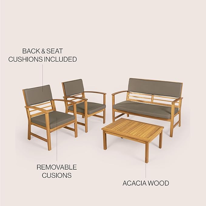 JONATHAN Y LVG1000B-4SET Barclay 4-Piece Modern Coastal Acacia Wood Conversation Outdoor Patio Set with Cushions Transitional, Classic, Traditional, Vintage, Mid-Century, Dark Gray/Teak Brown