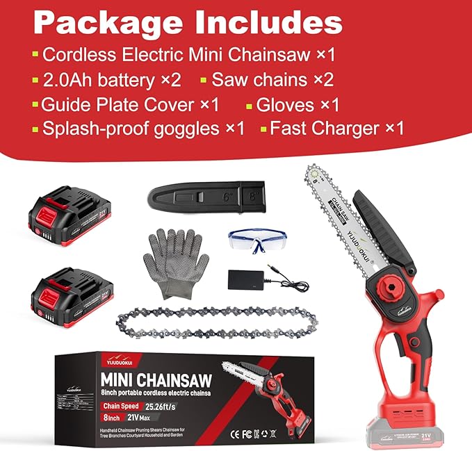 8" Cordless Mini Chainsaw with 2 Batteries | for Pruning, Trimming and Small Wood Cutting