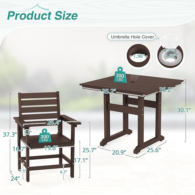 5 Piece Patio Dining Set, 35" Square HDPS Weather Resistant Outdoor Table & 4 Patio Chairs Set with 1.96" Umbrella Hole, Heavy Duty for Small Space Backyard Balcony, Dark Brown