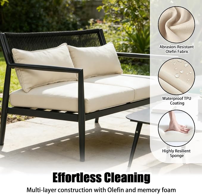 Outdoor Patio Furniture Set, 4 Seats Outdoor Sectional with Coffee Table, Patio Conversation Sets with PE Rope, Outdoor Sectional Sofa with Thick Cushions for Balcony, Porch (Black)