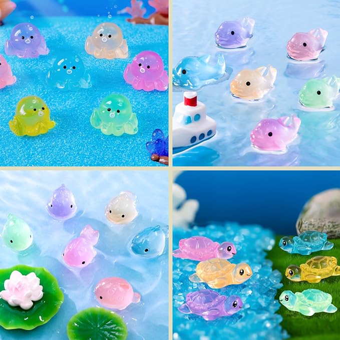 Mini Resin Ocean Animals to Hide 72 PCS Luminous Tiny Miniature Figurines Bulk Glow in The Dark Include Little Octopus Small Turtle Dolphin Fish for Aquarium Garden Micro Landscape