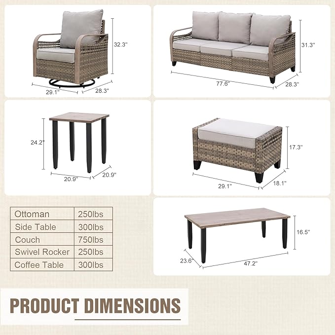 Modern Wicker Patio Furniture Set, Rattan Outdoor Conversation Set, 4 Swivel Rocking Chairs, 3 Seat Couch, 2 Ottomans, Coffee Table and Side Table, 9 Pieces, Brown/Gray