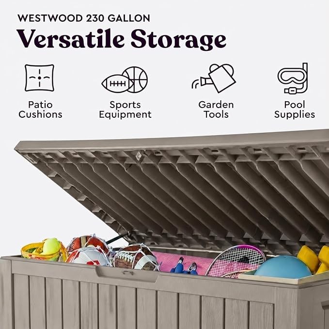 LAUSAINT HOME 230 Gallon XXL Outdoor Deck Box, Waterproof Resin Storage Box Bench with Lock, Large Patio Cushion Storage, Garden Tool Organizer, Pool Storage Container, 3-Person Seat, Light Brown