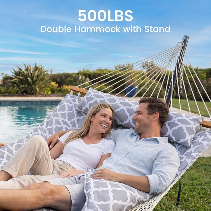 Double Hammock with Stand – Portable Cotton Rope Hammock with Removable Quilted Pad & Pillow, Adjustable Steel Frame for Patio, Backyard, Garden, Park, Camping & Outdoor Relaxation – White Gray