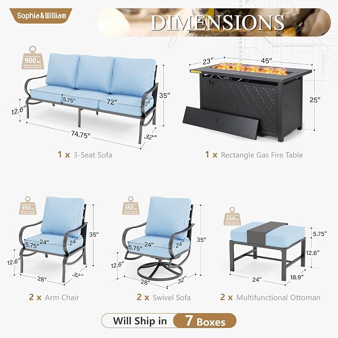 Sophia & William Patio Furniture Sets for 9 with 45" Gas Fire Pit Table Outdoor Conversation Sets 8 Pcs, 2xSofa Chairs, 2xSwivel Cushion Chairs, 1x3-Seat Sofa, 2xOttomans for Porch Poolside Blue