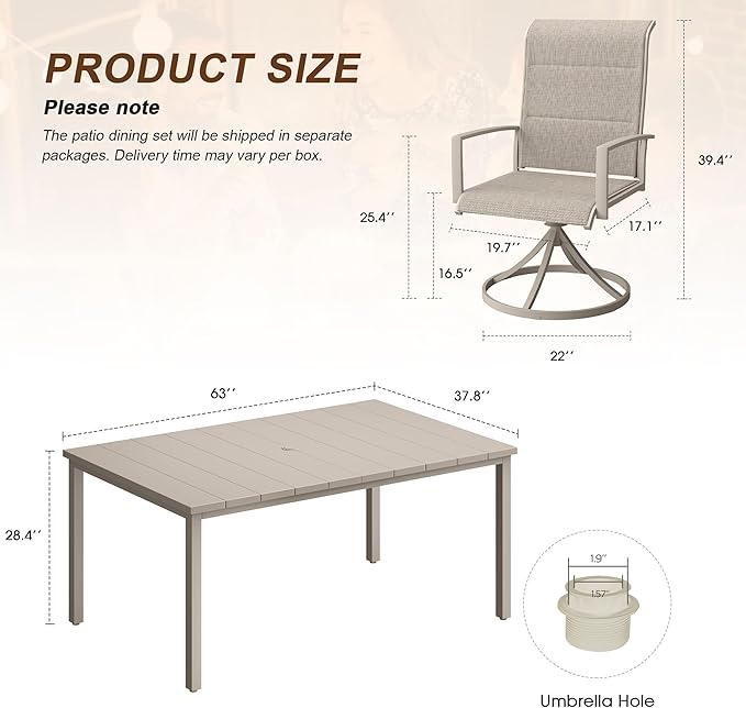 VICLLAX 7 Pieces Outdoor Dining Set, Patio Furniture Set Includes 63" Rectangular Metal Table W/ 1.9" Umbrella Hole and 6 Padded Textilene Swivel Chairs for Porch, Lawn, Garden, Backyard