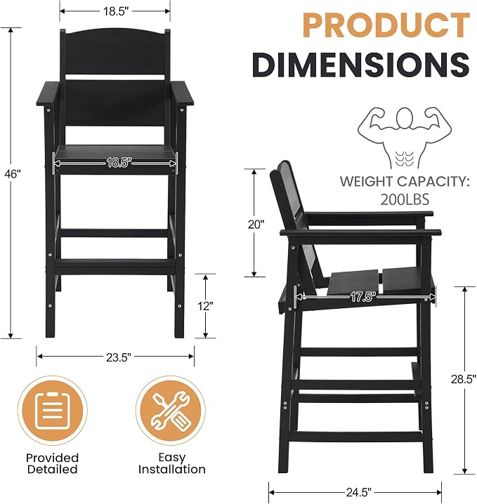 6 Pack Outdoor Bar Stools, HDPE Plastic Patio Bar Chairs with Armrests & Footrest, Weather Resistant All-Weather Counter Height Chairs for Outdoor Deck, Backyard, Poolside,Black
