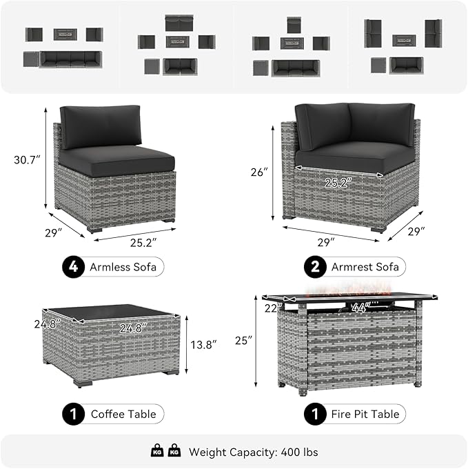 LazySunsets 8-Piece Patio Furniture Set with 44" Fire Pit Table, Wicker Outdoor Furniture, Patio Conversation Sets with Coffee Table, Outdoor Sectional Couch with Waterproof Cover, Black