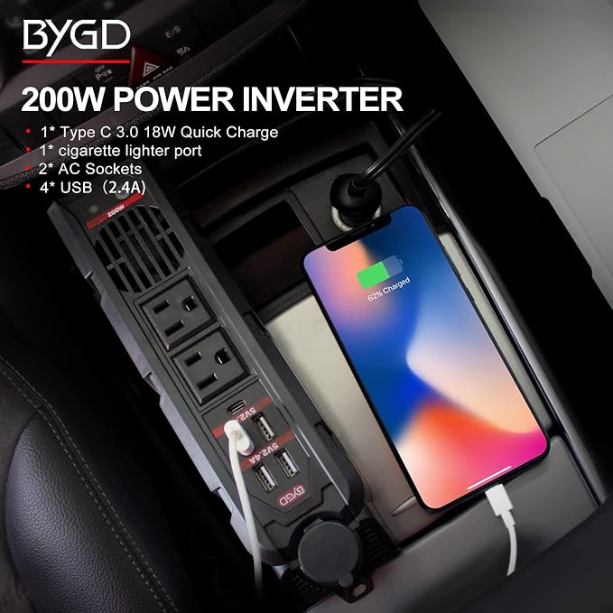 BYGD 200W Car Power Inverter for Vehicles, DC 12V to 110V AC Car Plug Adapter Outlet Converter with Type-C Port, Cigarette Lighter Socket, 2 AC Outlets, 4 USB Quick Charging Ports for Electronics