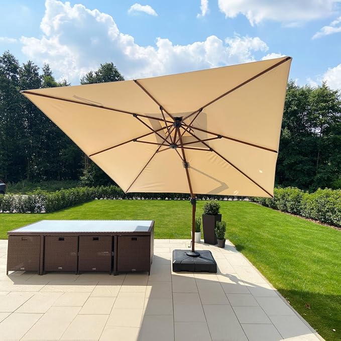 PURPLE LEAF 10' X 13' Double Top Deluxe Wood Pattern Rectangle Patio Umbrella Offset Hanging Umbrella Outdoor Market Umbrella Garden Umbrella, Beige