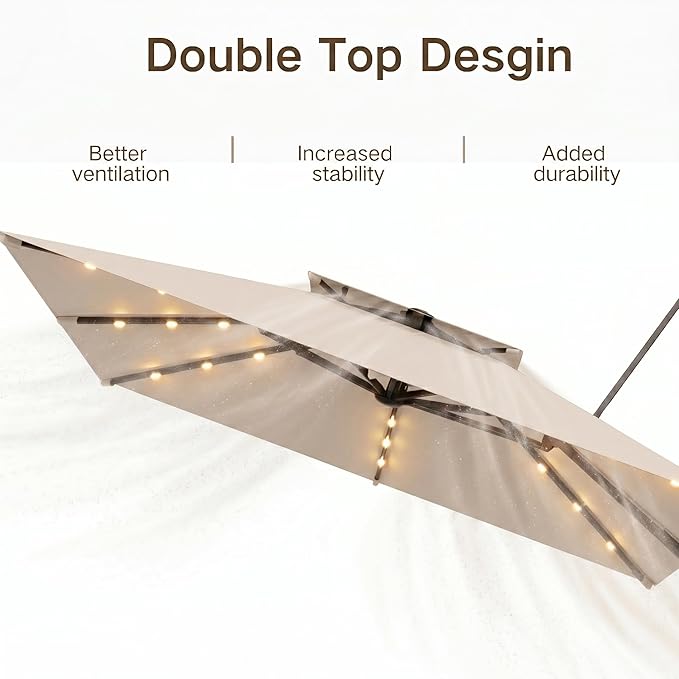 Kingdura Cantilever Patio Umbrella with Double Top Vent, Large Square Aluminum Outdoor Offset Umbrella with 360-degree Rotation, Infinite Tilt, UV Protection for Pool Deck Garden Patio