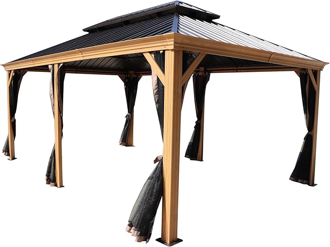 Kozyard Apollo 12’x18’ Hardtop Gazebo, Wooden Coated Aluminum Frame Canopy with Galvanized Steel Double Roof, Outdoor Permanent Metal Pavilion with Netting for Patio, Lawn