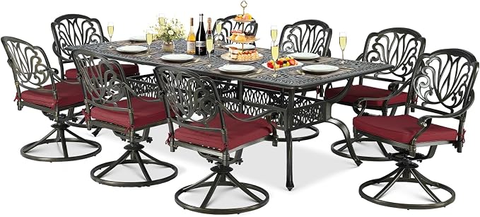 9-Piece Patio Cast Aluminum Dining Set, Outdoor Dining Furniture Set for 8 Person, Includes 94.5" Rectangular Dining Table and 8 Swivel Chairs with Umbrella Hole for Deck Garden, Red