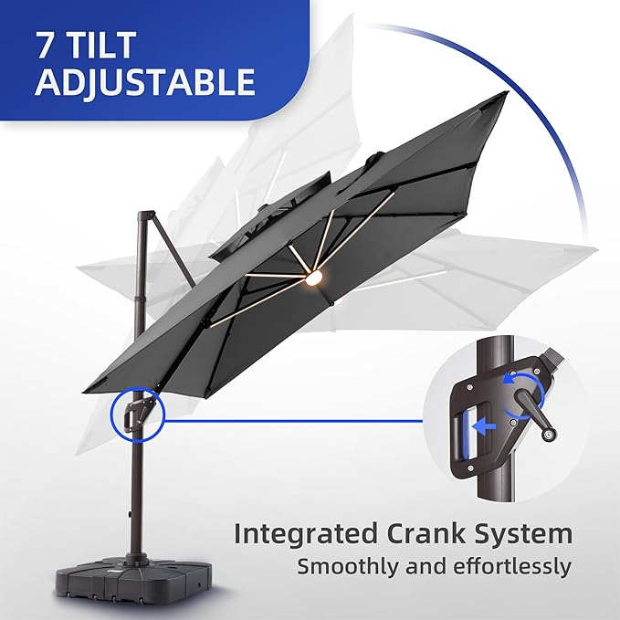 9 X 12 FT Cantilever Patio Umbrella with Led Lights and Base Included Heavy Duty Outdoor Double Top Large Rectangle Offset Umbrellas with 360-degree Rotation for Garden Pool Deck Backyard, Grey