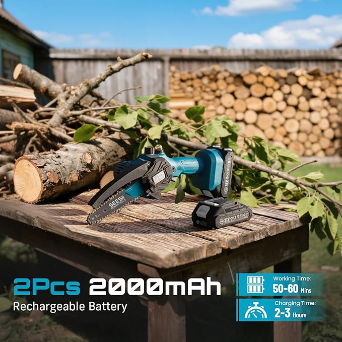 SEESII Mini Chainsaw 6 inch,Cordless Chainsaw w/ 2x2000mAh Batteries,Oiler System & Replacement Chain,Handheld Electric Chain Saw w/Safety Lock,Battery Powered Chainsaw for Wood Tree Cutting, M6 Plus