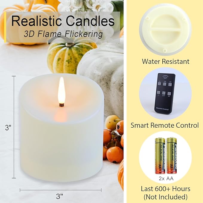 TECHLONG 3"x3" Flickering Flameless Candles Waterproof, Battery Operated Candles with Remote Timer, Last 600 Hours Electric Fake LED Candles for Halloween Christmas Decoration, Ivory White, Set of 6