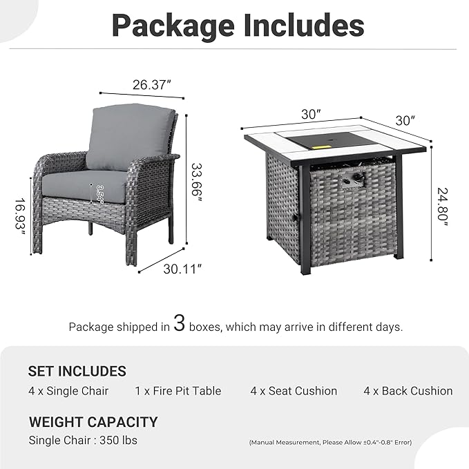 ovios 5-Piece Patio Furniture Set, Outdoor Wicker Sofa with Chairs Fire Pit Table, High Back Rattan Chair with Comfy Cushions for Porch Yard Deck, Dark Grey