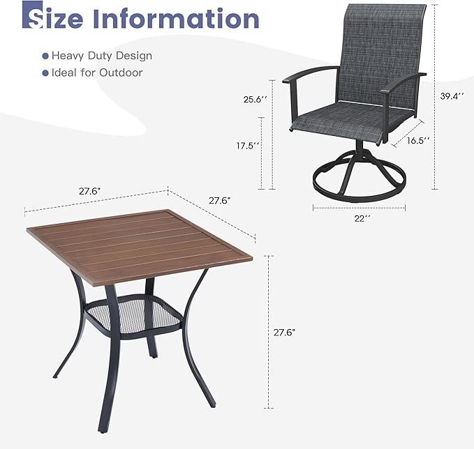 VICLLAX Outdoor Table and Chairs Set for 2, Small Patio Dining Set with 27.5" Metal Square Patio Table & 2 Swivel Outdoor Dining Chairs for Backyard Lawn Porch Garden, Charcoal & Walnut
