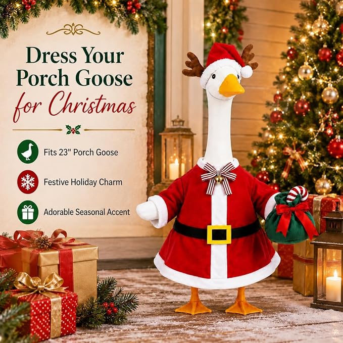 STONESTAR Christmas Porch Goose Outfits for 23" Goose Statue, Red Santa Coat with Antler Hat Jingle Bell Bow Tie Candy Cane Gift Bag Goose Costume for Patio Yard Xmas Santa Holiday Decor