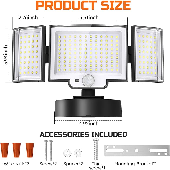 CLAONER LED Security Motion Sensor Outdoor Lights, 6500K Remote Control Floodlights, Dusk to Dawn 20W 3000LM Waterproof 3 Heads Hardwired Flood Light for Driveway, Garage, Porch (1 Pack)