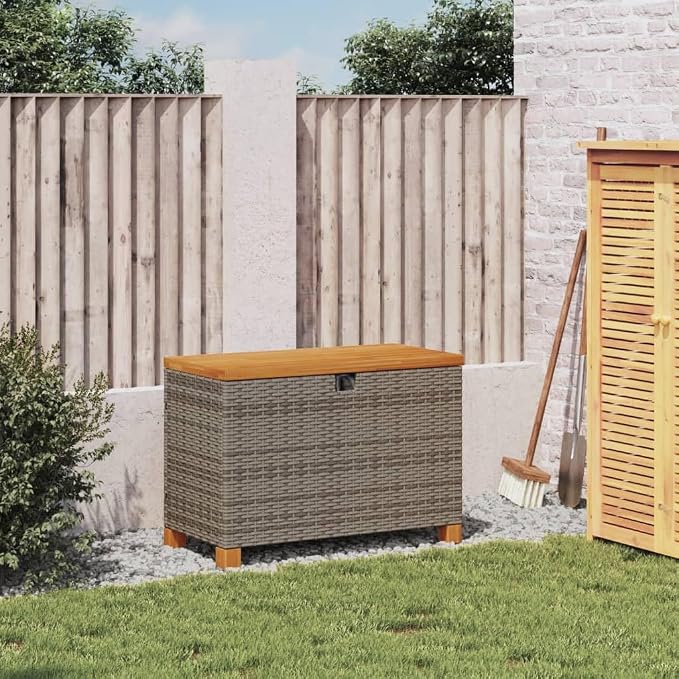 Patio Storage Box, Deck Box Organization and Storage, Deck Storage Container Box for Patio Furniture,Outdoor Cushions, Pool Supplies, Gray 31.5"x15.7"x18.9" Poly Rattan Acacia Wood