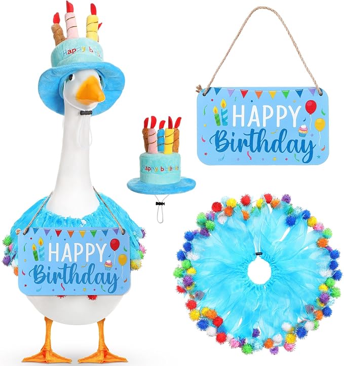 Happy Birthday Porch Goose Outfit Lawn Goose Cloth Costume for 23" Cement Plastic Patio Yard Statue Outdoor (Blue,Tutu Skirt)