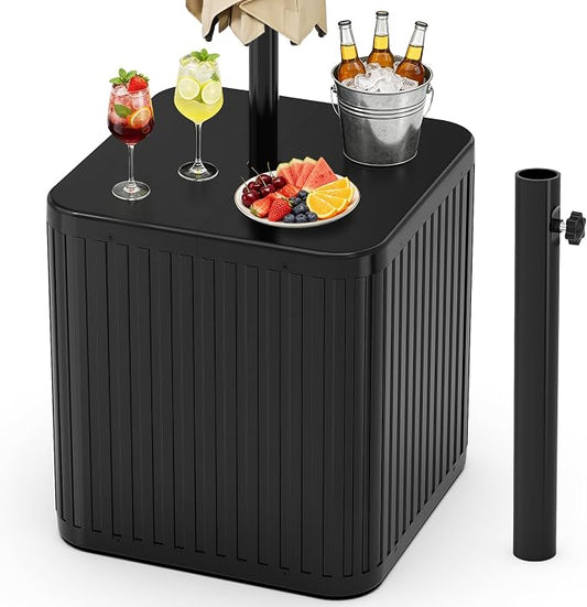 BoYata Outdoor Umbrella Side Table, 2-in-1 Outdoor Side Table with Umbrella Hole, 15.9 Gallon Fillable Umbrella Stand Base, Fit Up to 1.5" Pole, Square Patio Side Table for Poolside, Deck, Matte Black