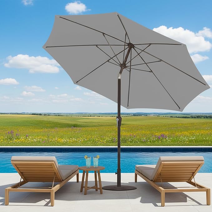 11FT Patio Umbrella, Outdoor Umbrella with with 8 Sturdy Fiberglass Ribs,Market Table Umbrella with Push Button Tilt and Crank,Suit for Backyard,Garden,Pool,Deck(Light Gray)