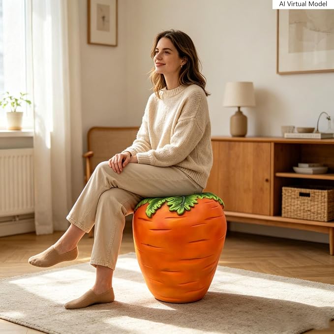 Carrot Shaped Resin Stool Side Table 16" Outdoor Garden Decor Plant Stand | Vivid orange textured body, green leaf lid top, stable rounded base, wipe-clean surface, portable 12 lbs
