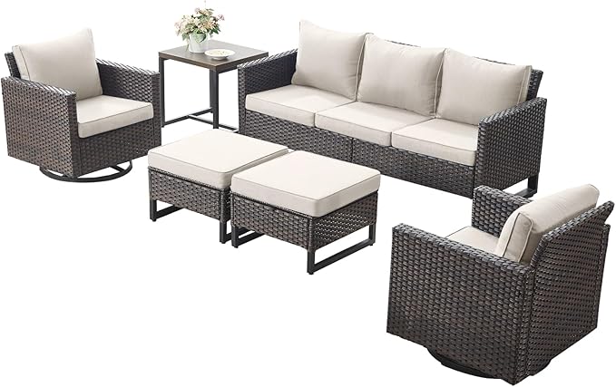 Rilyson Wicker Outdoor Patio Furniture Set - 6 Piece Patio Conversation Set with 2 Swivel Rocker Chairs,2 Rattan Ottoman,1 Couch and 1 Metal Side Table for Outside Porch Deck Backyard(Brown/Beige)