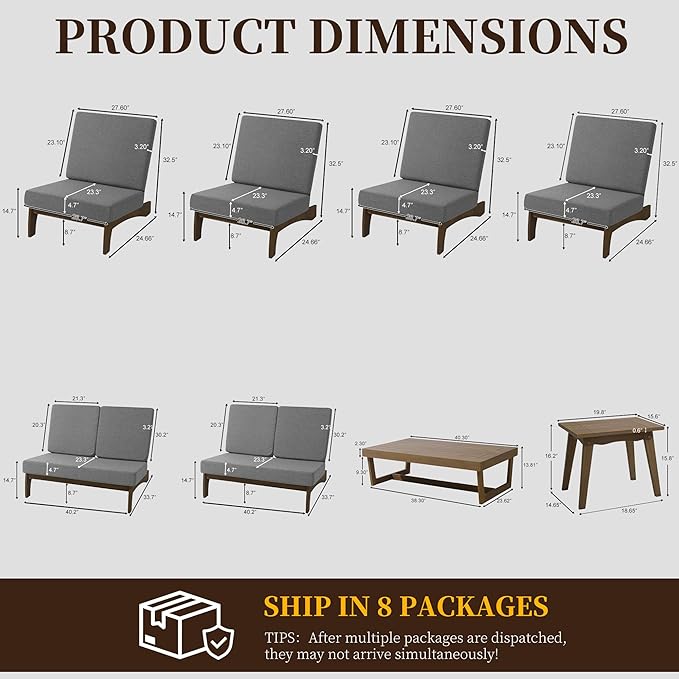UIXE 8 Pieces All Weather Wood Patio Furniture Sets, 2 Patio Loveseat, 4 Patio Bistro Chair, Outdoor Sectional Sofa Furniture Backyard Conversation Set with Coffee Table - Grey