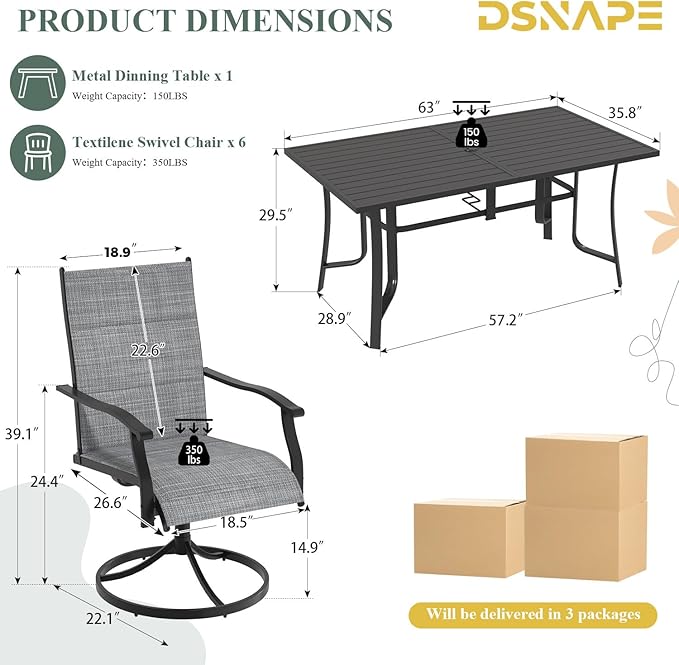 7 Pieces Patio Table and Chairs Set, 63" Metal Dining Table with Umbrella Hole, 6 High Back Textilene Swivel Chairs, Dining Table Set for 6, Outdoor Furniture for Porch Deck Yard Balcony, Grey