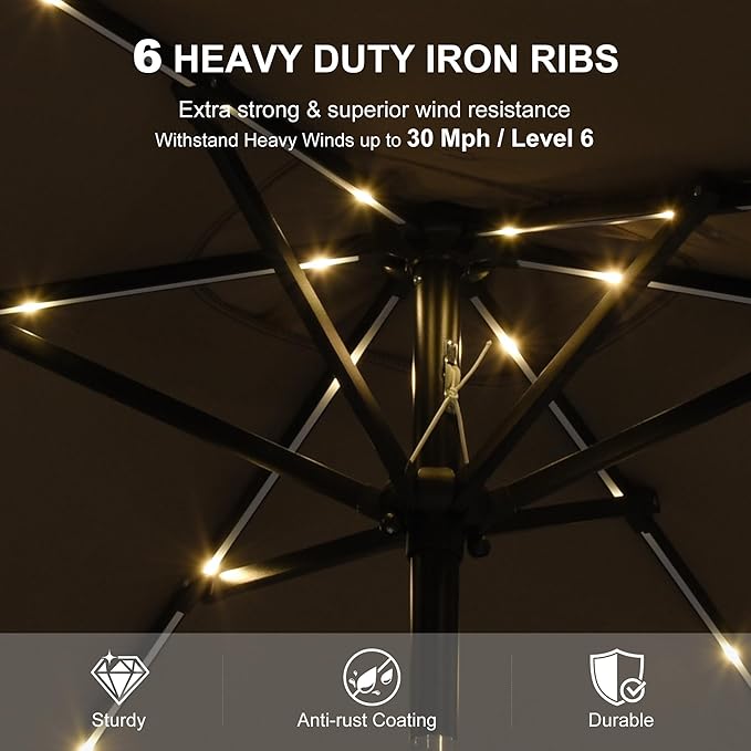 PURPLE LEAF 6.5' x 10' Rectangular Patio Umbrella with Solar LED Outdoor Table Umbrella Aluminum Frame Market Umbrella Sun Umbrella for Garden Deck Lawn Pool Taupe