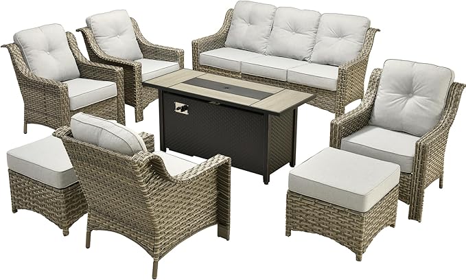 Outdoor Patio Furniture Sets, 8 PCS Patio Conversation Set Outside Rattan Sofa with 54 in Fire Pit Table Comfy Cushions Fit Backyard Porch Garden Poolside Balcony,Light Grey